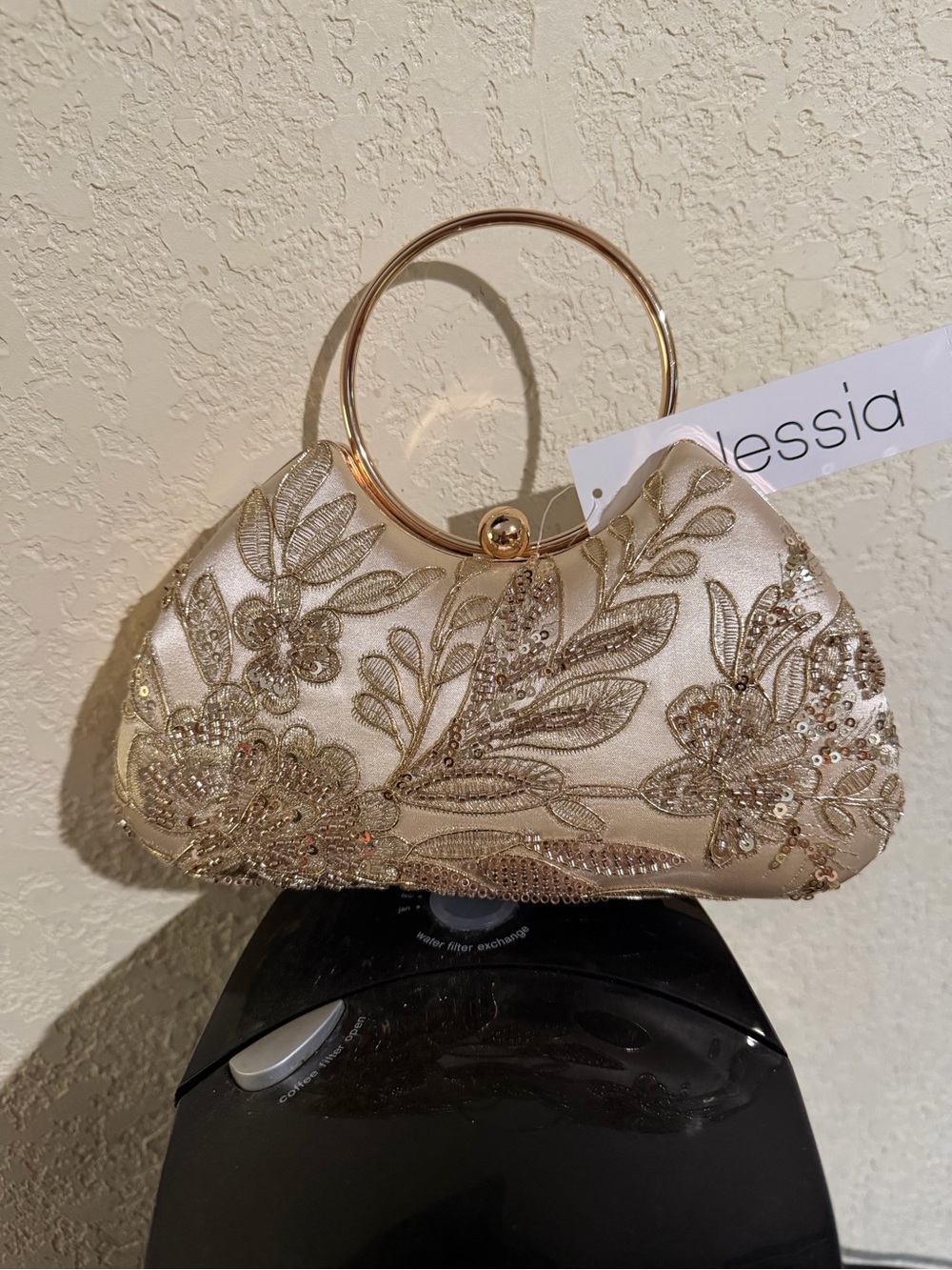 Elegant Gold-Beige Floral Embellished Ring-Handle Clutch